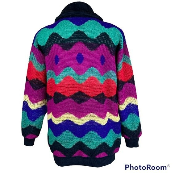 Vintage 1980’s Mondi Multicolor Chunky Color Black Cowl-neck Sweater Pullover - Picture 5 of 10